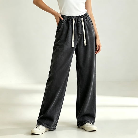 GUACER Drawstring Wide Leg Jeans for Women Casual High Waisted Stretch Loose Comfy Denim Pants with Pockets