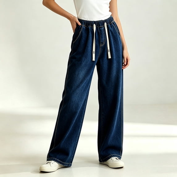 GUACER Drawstring Wide Leg Jeans for Women Casual High Waisted Stretch Loose Comfy Denim Pants with Pockets