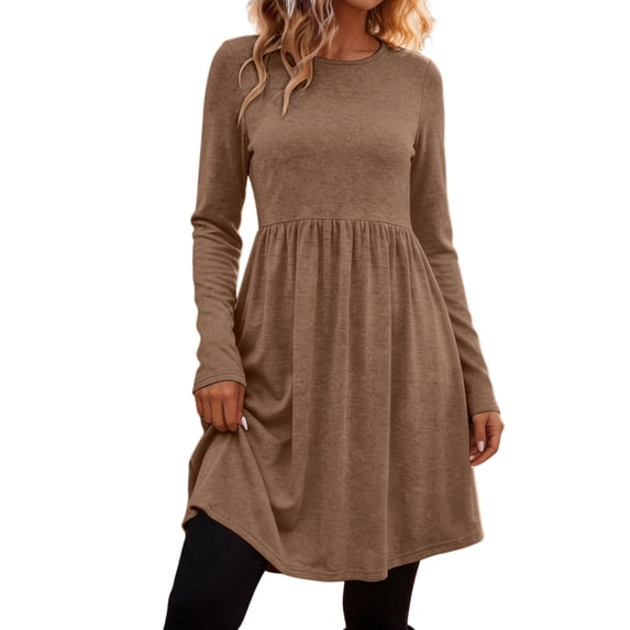 GUACER Fall Dresses for Women Long Sleeve Round Neck Casual Swing Dress Soft Winter Dress for Work & Weekend