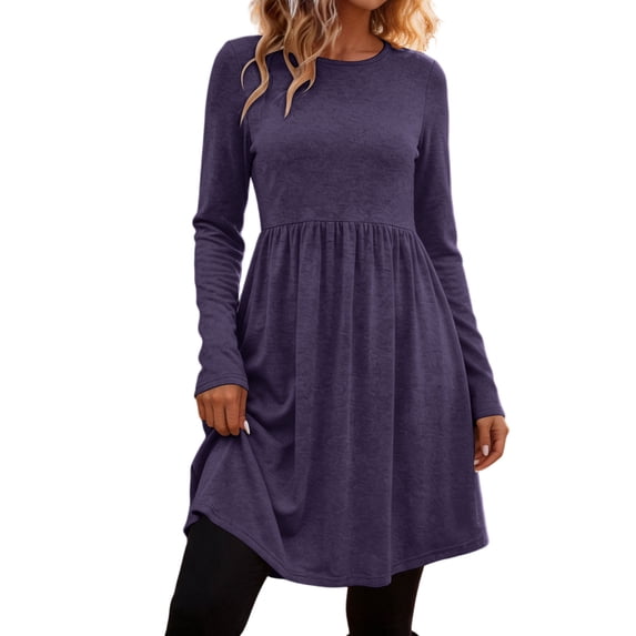 GUACER Fall Dresses for Women Long Sleeve Round Neck Casual Swing Dress Soft Winter Dress for Work & Weekend
