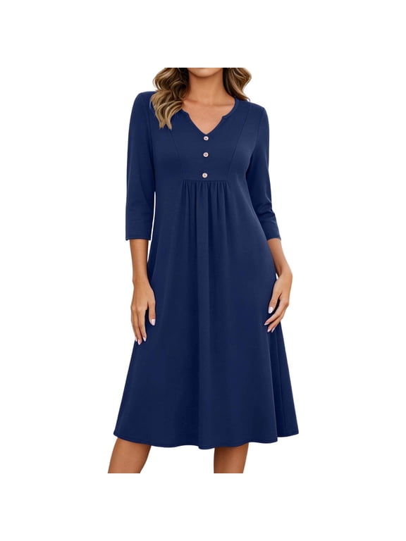 Fall Midi Dresses for Women V Neck Button Front 3/4 Sleeve Empire Waist A-Line Soft Lounge Swing Dresses