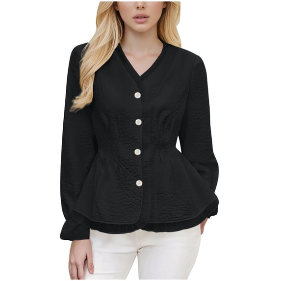 GUACER Fashion Womens Long Sleeve Tops Peplum Blouses V Neck Button Front Lace Trim Office Casual Outfits