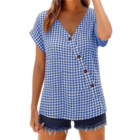 GUACER Gingham Button-Down Blouse for Women V Neck Asymmetrical Wrap Short Sleeve Tops Casual Loose Plaid Shirts