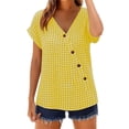 thumbnail image 1 of GUACER Gingham Button-Down Blouse for Women V Neck Asymmetrical Wrap Short Sleeve Tops Casual Loose Plaid Shirts, 1 of 8