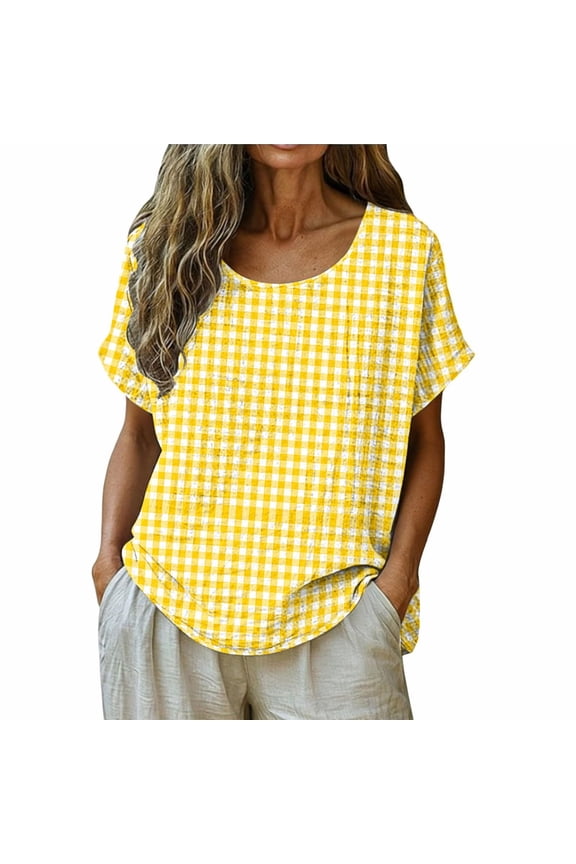 Gingham Plaid Shirts for Women Short Sleeve Cotton Linen Summer Tops Casual Checkered Tunic Blouses