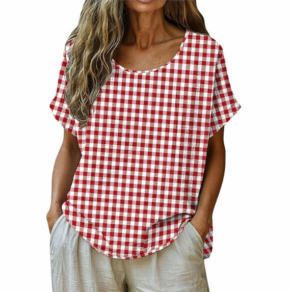 GUACER Gingham Plaid Shirts for Women Short Sleeve Cotton Linen Summer Tops Casual Checkered Tunic Blouses