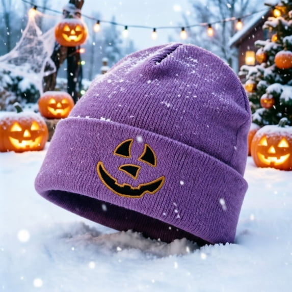 GUACER Halloween Beanies for Women Cute Pumpkin Face Thermal Soft Comfy Cuffed Hats for Casual Fall Winter