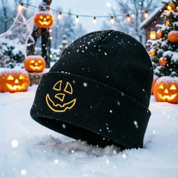 GUACER Halloween Beanies for Women Cute Pumpkin Face Thermal Soft Comfy Cuffed Hats for Casual Fall Winter