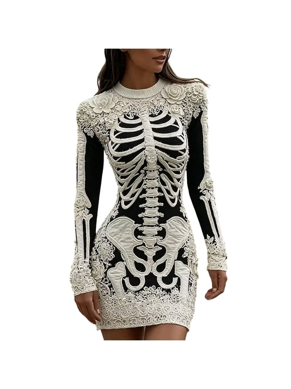 Halloween Skeleton Dresses for Women Long Sleeve Crewneck Bodycon Print Mini Dressses for Gothic Party Club