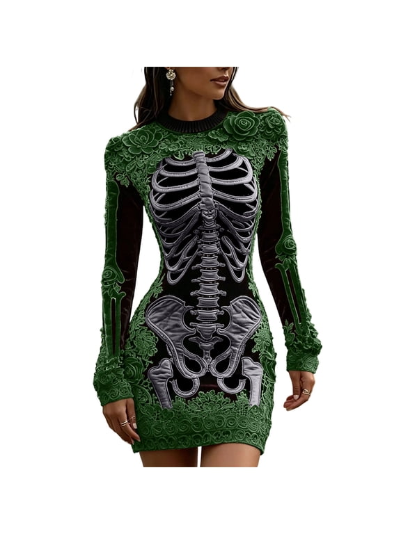Halloween Skeleton Dresses for Women Long Sleeve Crewneck Bodycon Print Mini Dressses for Gothic Party Club