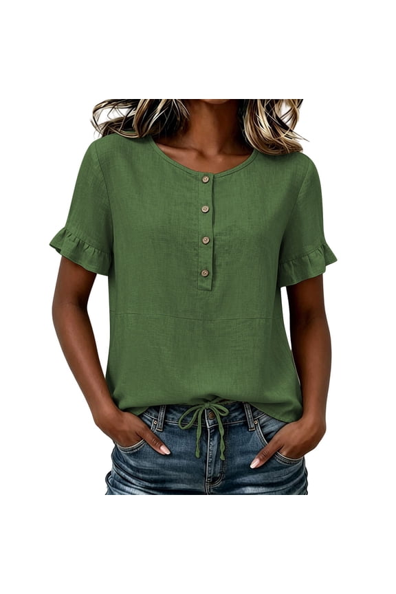 Henley Short Sleeve Tops for Women Round Neck Button Front Blouse with Ruffle Sleeve Drawstring