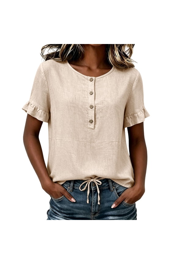 Henley Short Sleeve Tops for Women Round Neck Button Front Blouse with Ruffle Sleeve Drawstring