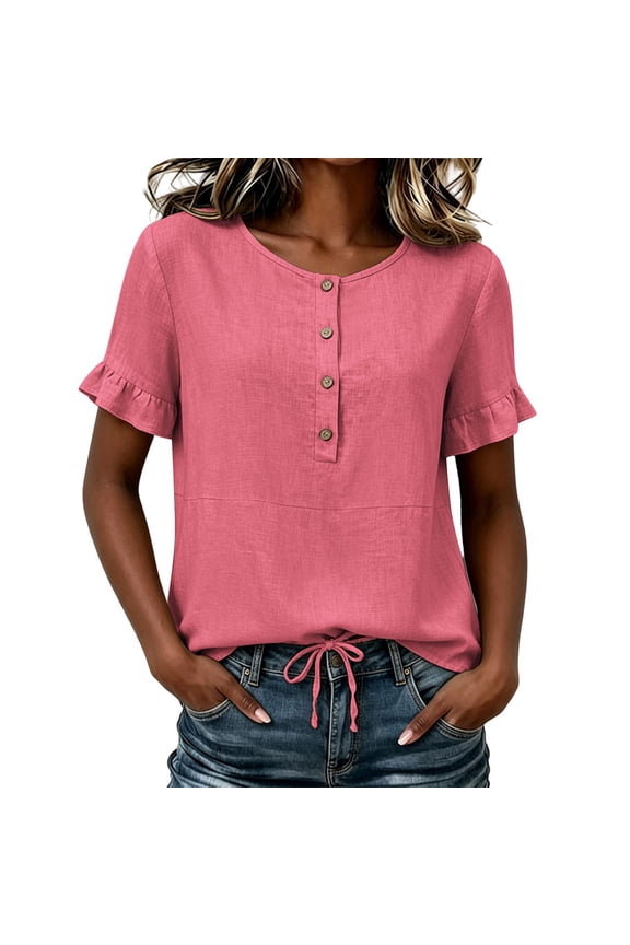 Henley Short Sleeve Tops for Women Round Neck Button Front Blouse with Ruffle Sleeve Drawstring