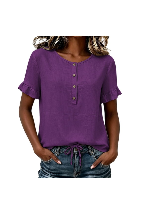 Henley Short Sleeve Tops for Women Round Neck Button Front Blouse with Ruffle Sleeve Drawstring