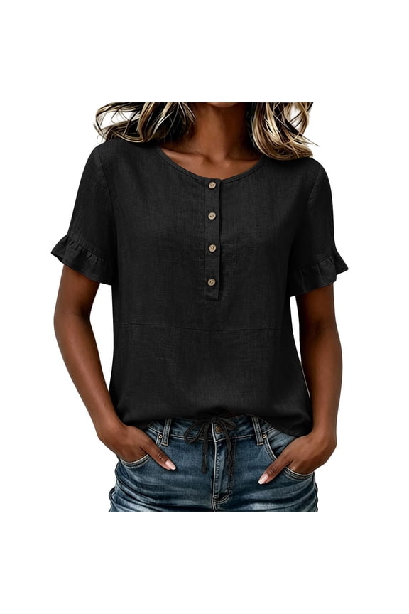 Henley Short Sleeve Tops for Women Round Neck Button Front Blouse with Ruffle Sleeve Drawstring