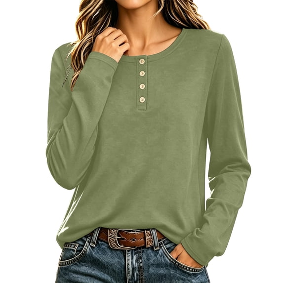 GUACER Henley Tops for Women Long Sleeve Lightweight Knit Shirts Crewneck Button Pullover Fall Casual Basics
