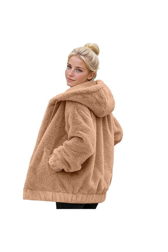 Hooded Jackets for Women Loose Fur Sherpa Plush Zip-Up Coat for Winter Warmth & Casual Outings
