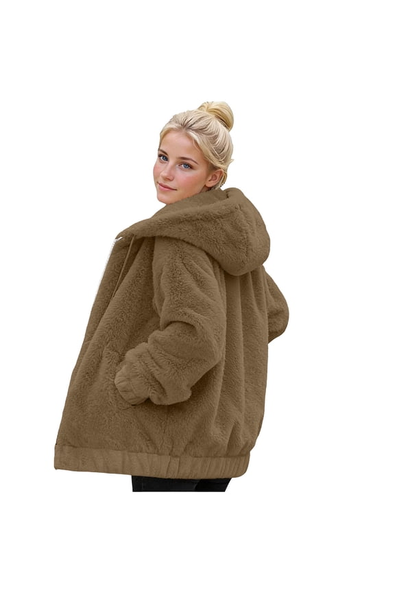 Hooded Jackets for Women Loose Fur Sherpa Plush Zip-Up Coat for Winter Warmth & Casual Outings