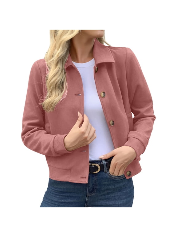 Jackets for Women Faux Suede Button Down Collared Structured Shoulders Shacket with Pockets Casual Fall Coats
