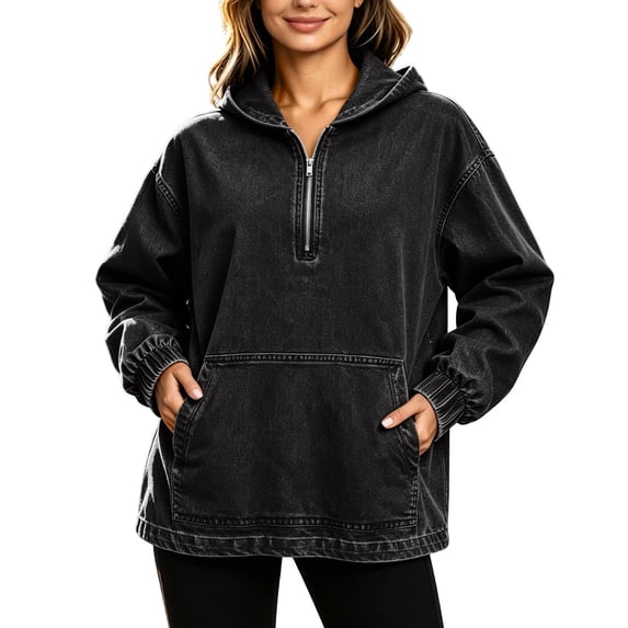 GUACER Jean Hoodies for Women Quarter Zip Trendy Loose Long Sleeve Pullovers Denim Jackets with Pocket