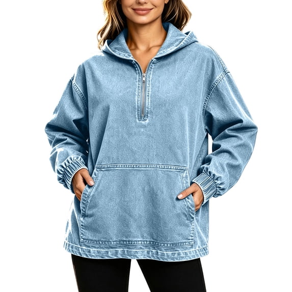 GUACER Jean Hoodies for Women Quarter Zip Trendy Loose Long Sleeve Pullovers Denim Jackets with Pocket