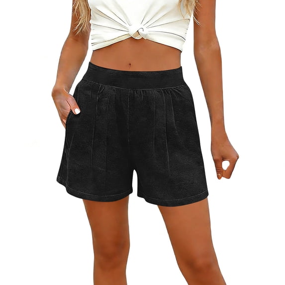 GUACER Jeans Shorts for Women Casual Pleated Elastic Mid Rise Loose Pockets Denim Shorts