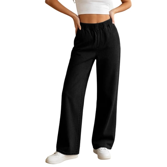GUACER Jeans for Women Elastic High Waisted Casual Loose Fit Pull-On Wide Leg Denim Pants