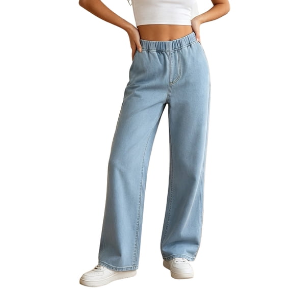 GUACER Jeans for Women Elastic High Waisted Casual Loose Fit Pull-On Wide Leg Denim Pants