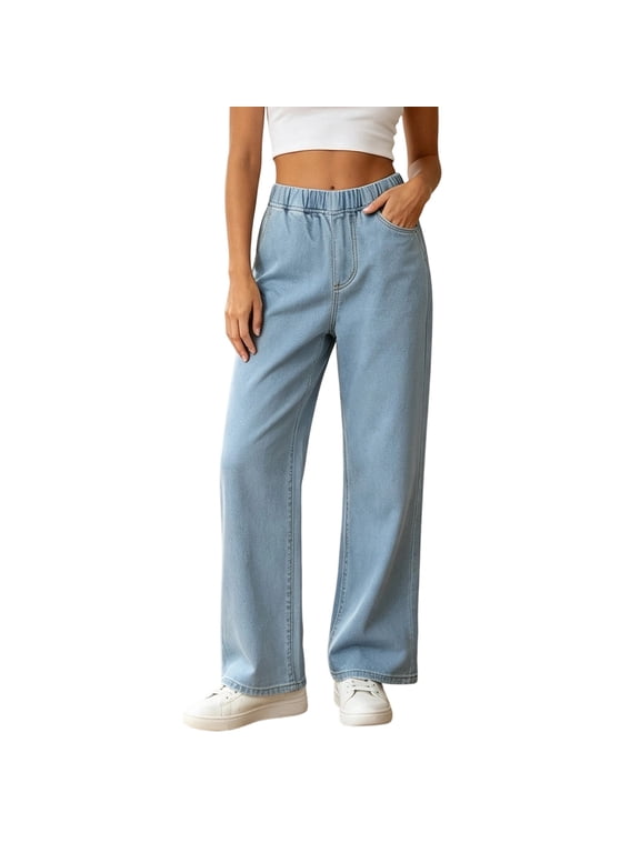 Jeans for Women Elastic High Waisted Casual Loose Fit Pull-On Wide Leg Denim Pants with Pockets