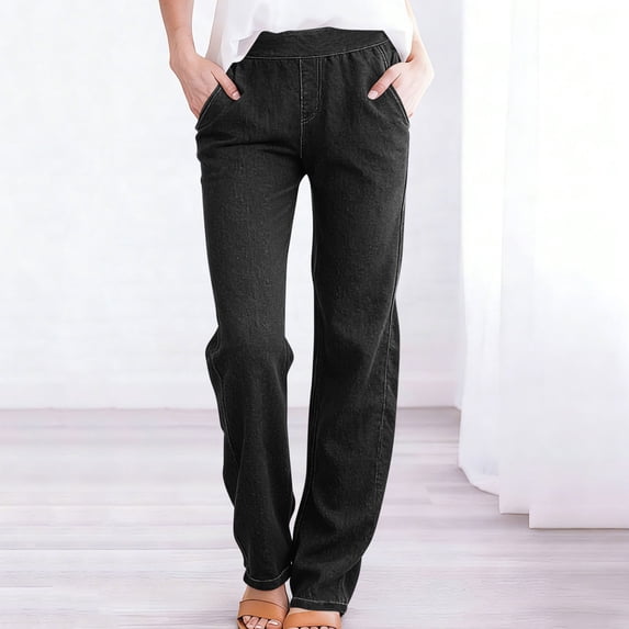 GUACER Jeans for Women Fashion Loose Elastic Waisted with Pockets Straight Leg Denim Pants
