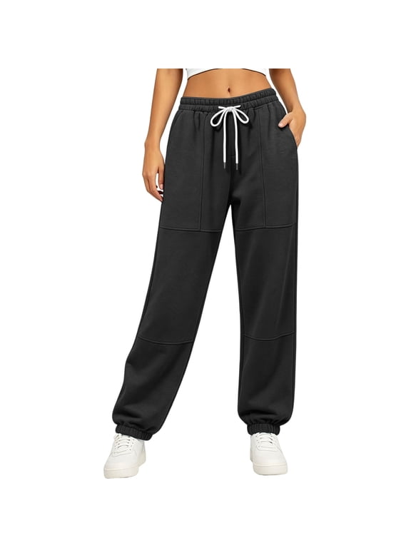 Jogger Sweatpants for Women High Waisted Paneled Seam Drawstring Cuffed Ankle Soft Loose Lounge Pants with Pockets
