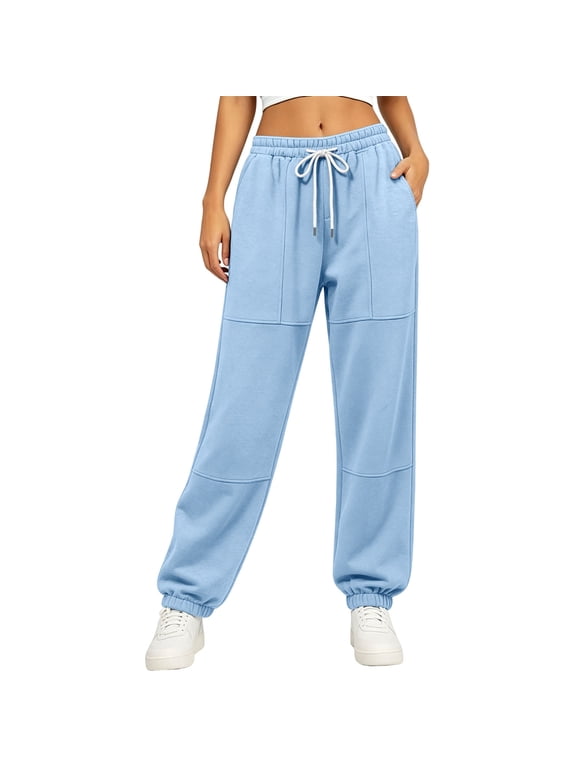 Jogger Sweatpants for Women High Waisted Paneled Seam Drawstring Cuffed Ankle Soft Loose Lounge Pants with Pockets