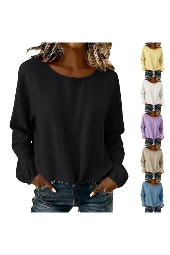 Long Sleeve Drawstring Tops for Women Casual Crew Neck Relaxed Fit Pullover Blouse with Cuffed Sleeves