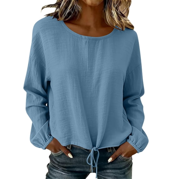 GUACER Long Sleeve Drawstring Tops for Women Casual Crew Neck Relaxed Fit Pullover Blouse with Cuffed Sleeves