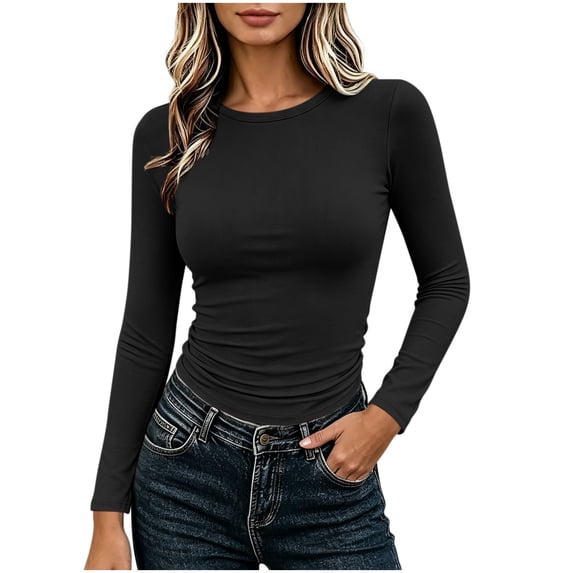 GUACER Long Sleeve Tops for Women Trendy Slim Fit Basic Tummy Control Casual Solid Crewneck Undershirts