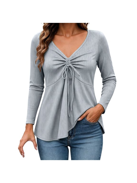 Long Sleeve V Neck Drawstring Tops for Women Trendy Ruched Front Soft Fall Casual Pullover Blouses