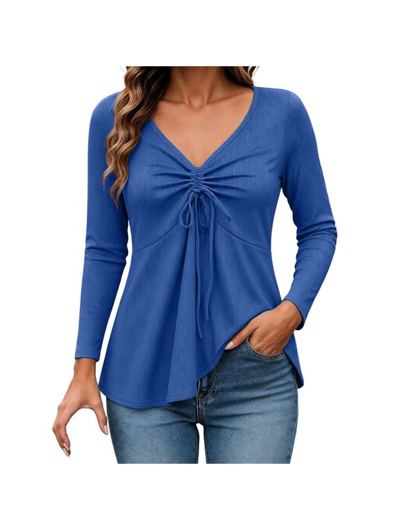Long Sleeve V Neck Drawstring Tops for Women Trendy Ruched Front Soft Fall Casual Pullover Blouses