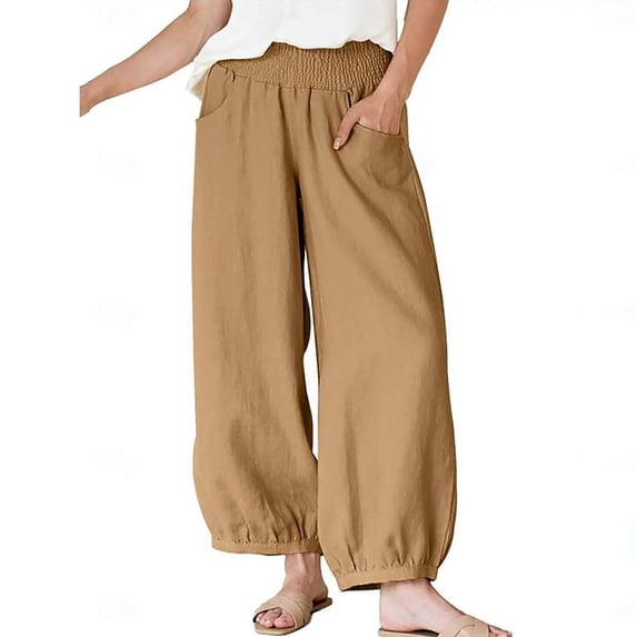 GUACER Lounge Trousers for Women Elastic Waisted Cotton Linen Wide Leg Pants with Pockets Casual Barrel Pants