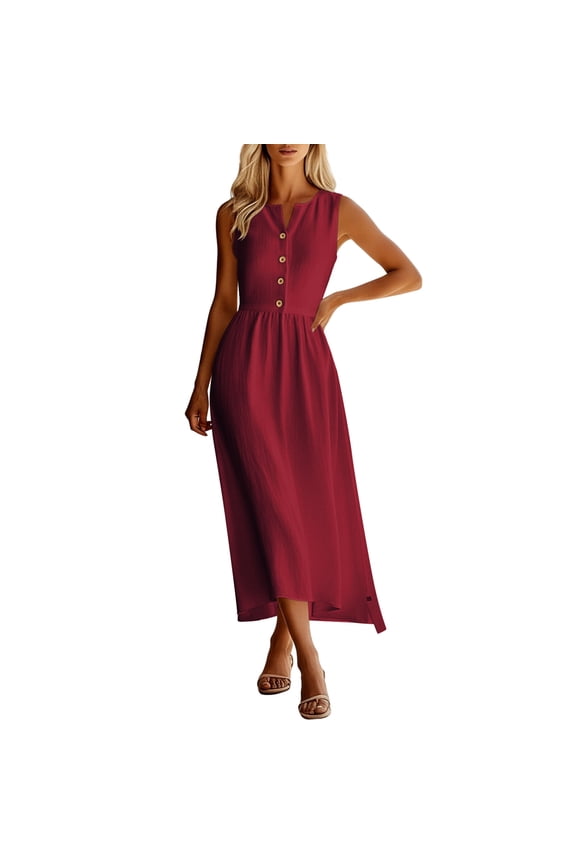 Maxi Dress for Women Casual Cotton Linen Sleeveless Button Down High Waist V Neck Flowy Sundress Summer Beach Long Dress