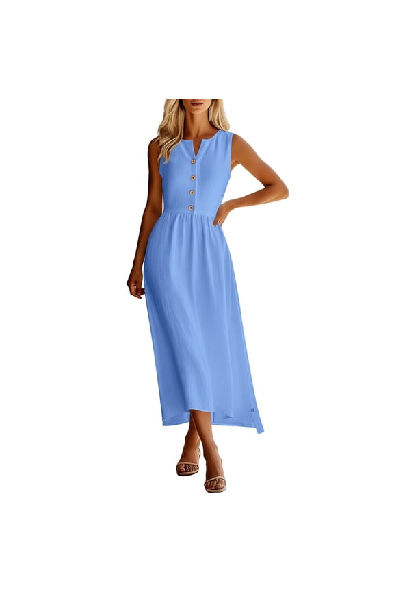Maxi Dress for Women Casual Cotton Linen Sleeveless Button Down High Waist V Neck Flowy Sundress Summer Beach Long Dress