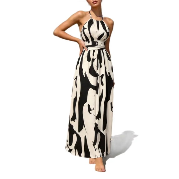GUACER Maxi Dress for Women Halter Neck Abstract Print Sleeveless Backless Sundress Boho Flowy High Waist Resort Wear Beach Vacation Outfit