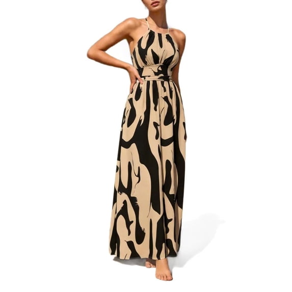 GUACER Maxi Dress for Women Halter Neck Abstract Print Sleeveless Backless Sundress Boho Flowy High Waist Resort Wear Beach Vacation Outfit