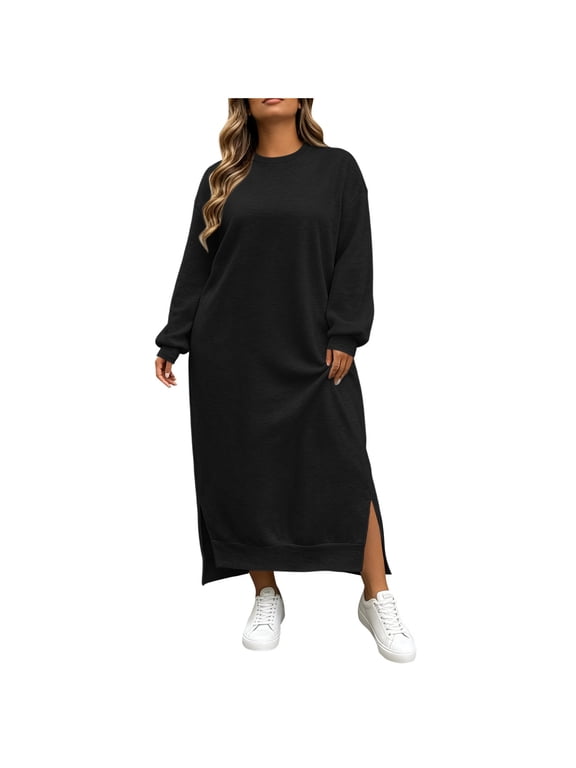 Maxi Dresses for Women Plus Size Long Sleeve Crewneck Loose Pullover Sweater Lounge Dresses for Casual Fall Winter