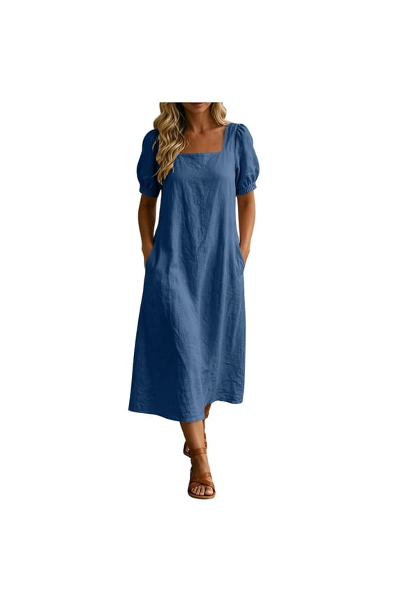 Midi Dress for Women Puff Short Sleeve Square Neck Casual Loose Fit Cotton Blend Sundress with Pockets, Vintage Inspired BoHo Summer Dress