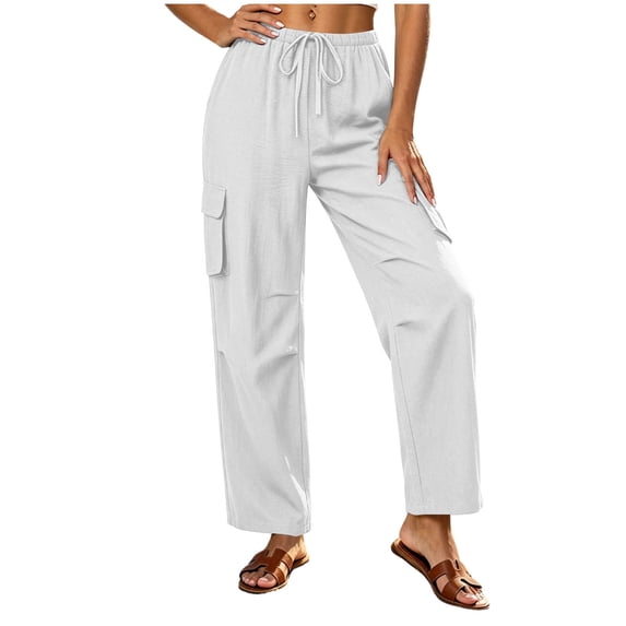 GUACER No Boundarie Cargo Pants for Women High Waisted Wide Leg Cotton Linen Trousers with Drawstring & Pockets