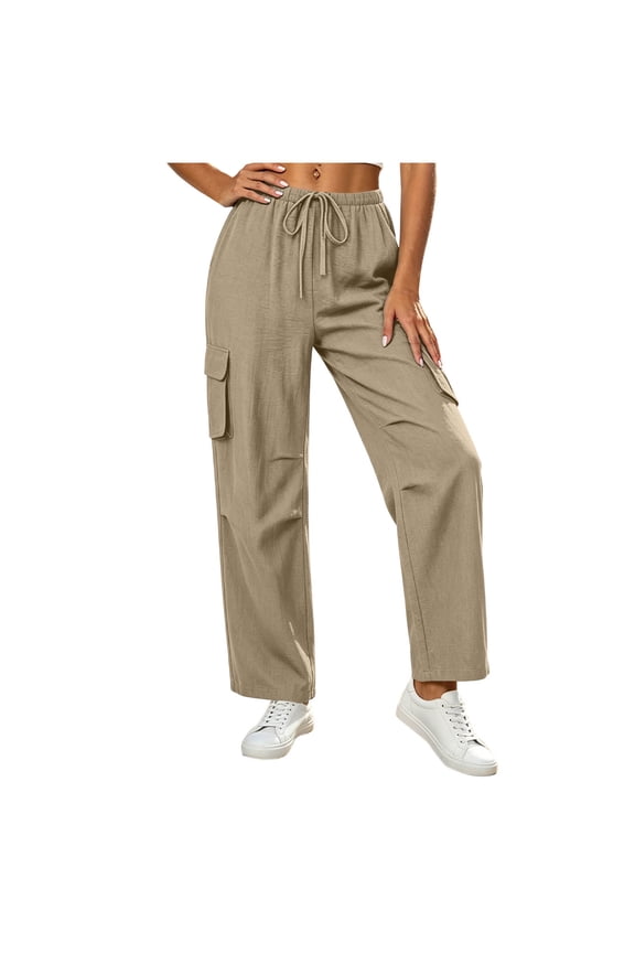 No Boundarie Cargo Pants for Women High Waisted Wide Leg Cotton Linen Trousers with Drawstring & Pockets