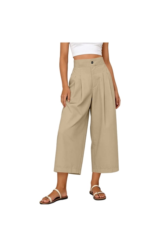 No Boundarie High Waisted Culottes for Women Wide Leg Capri Pants Elastic Waist with Pockets Pleated Business Casual Cropped Trousers