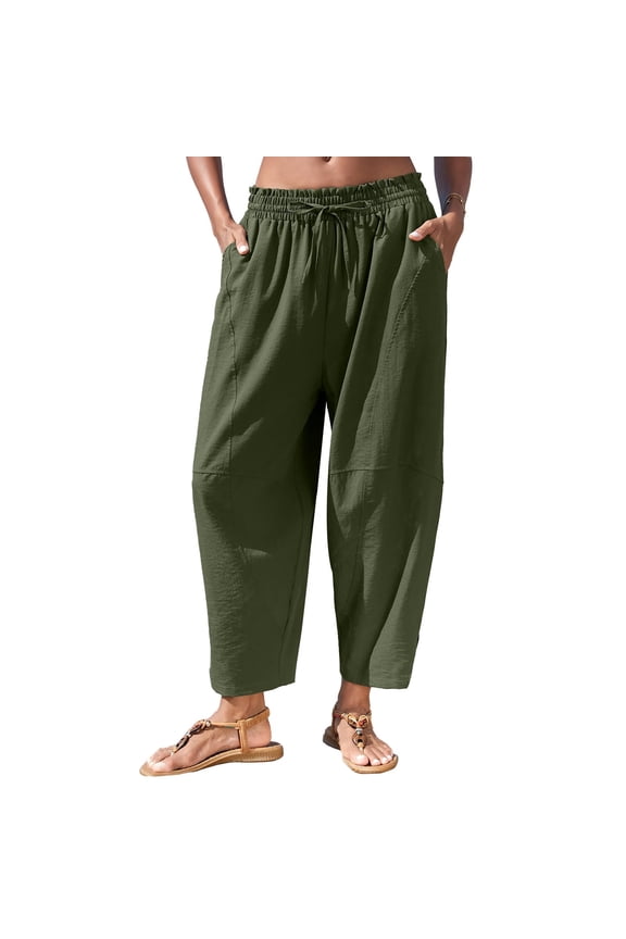 No Boundarie Linen Pants for Women Cropped Lantern Trousers Cotton Blend Drawstring Elastic Waist Boho Casual Tapered Pants with Pockets