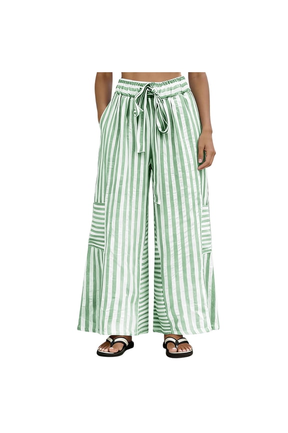 No Boundarie Striped Wide Leg Pants for Women High Paperbag Waist Flowy Palazzo Trousers with Tie Belt