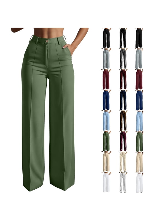Wide Leg Dress Pants for Women Business Casual High Waisted Work Trousers Button Front Pintuck